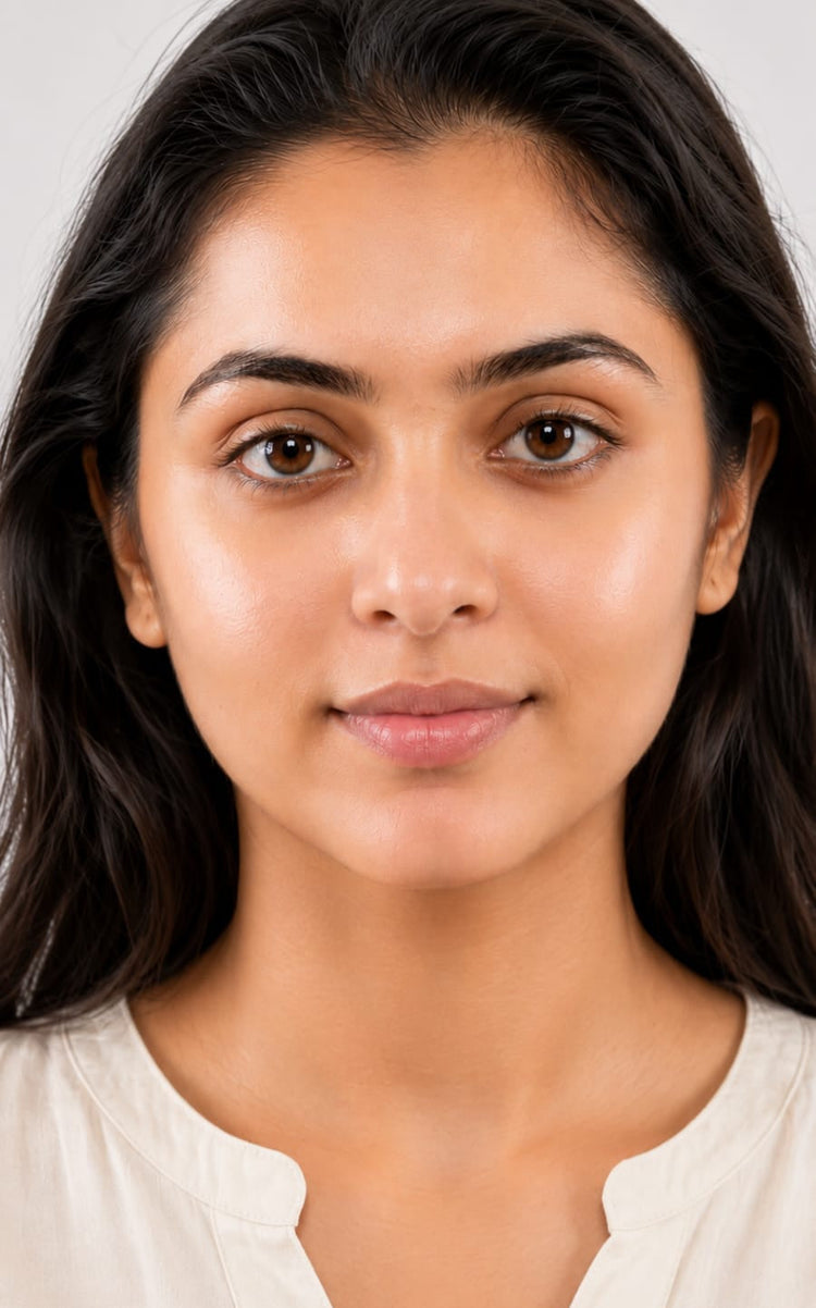 A close-up portrait of a woman with dark hair wearing a cream-colored V-neck top against a light gray background.