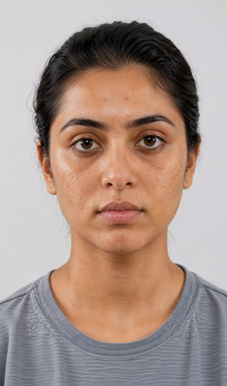A close-up portrait of a woman with dark hair pulled back, wearing a gray crew-neck t-shirt against a light gray background.